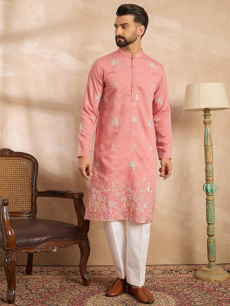 Men pink cotton solid embroidered straight kurta sets