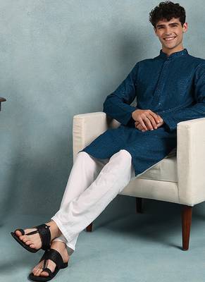 Men teal viscose rayon solid embroidered straight kurta 5