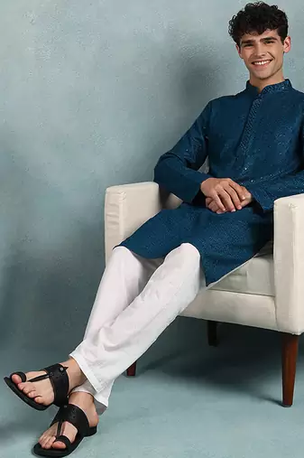 Men teal viscose rayon solid embroidered straight kurta