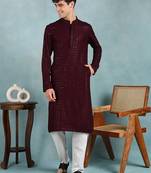Men wine viscose rayon solid embroidered straight kurta