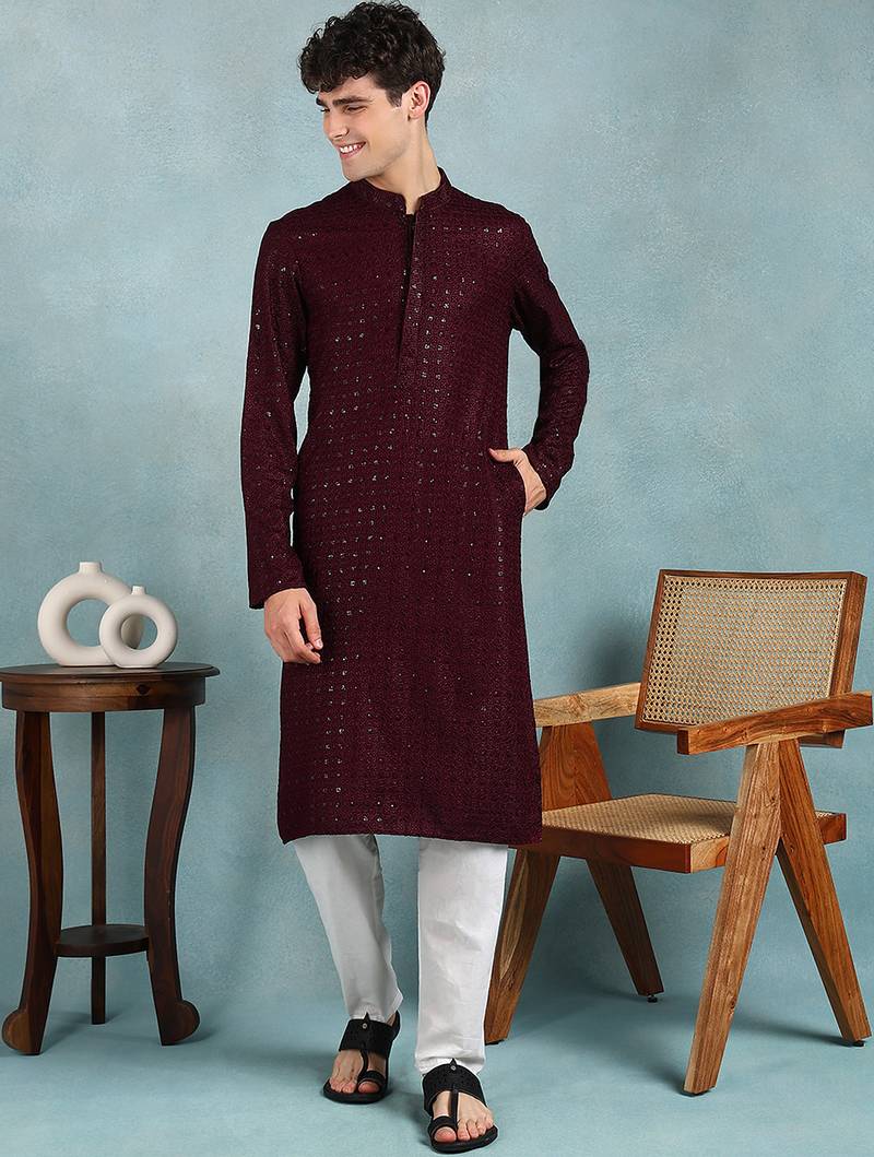 Men wine viscose rayon solid embroidered straight kurta