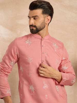 Men pink cotton solid embroidered straight kurta sets 2