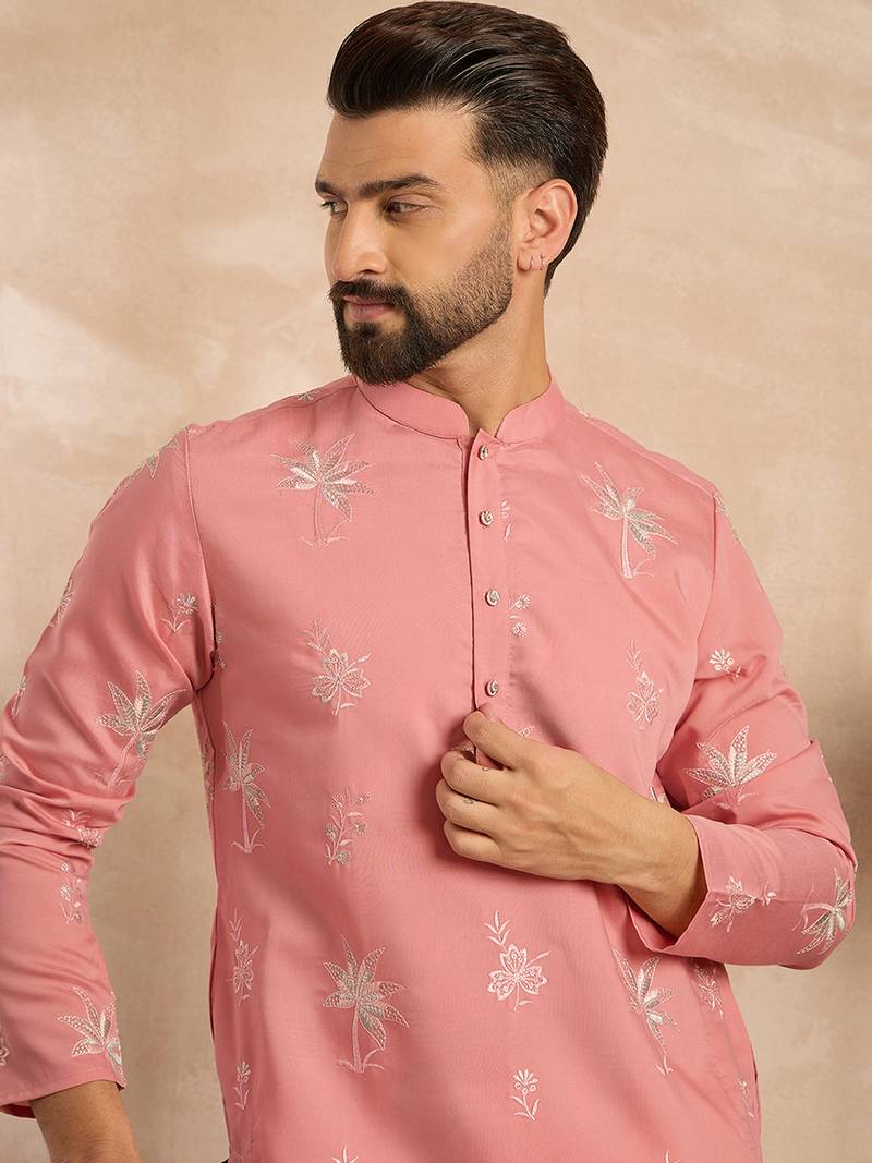 Men pink cotton solid embroidered straight kurta sets