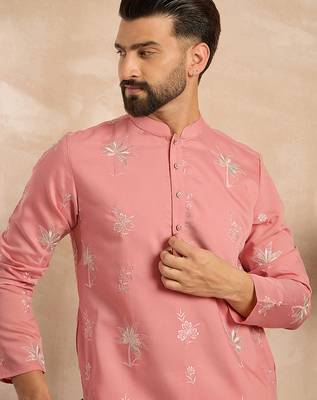 Men pink cotton solid embroidered straight kurta sets 2