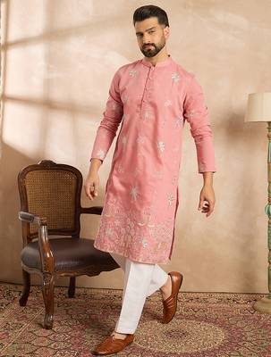 Men pink cotton solid embroidered straight kurta sets 3