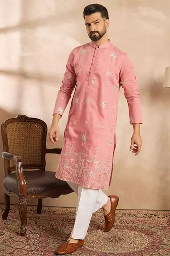 Men pink cotton solid embroidered straight kurta sets