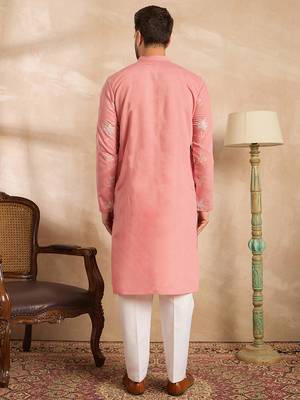 Men pink cotton solid embroidered straight kurta sets 4