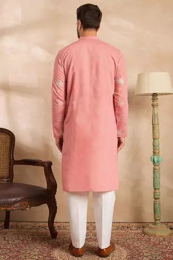 Men pink cotton solid embroidered straight kurta sets