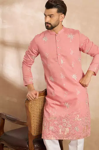 Men pink cotton solid embroidered straight kurta sets