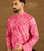 Men pink cotton batik embroidered straight kurta with trouser