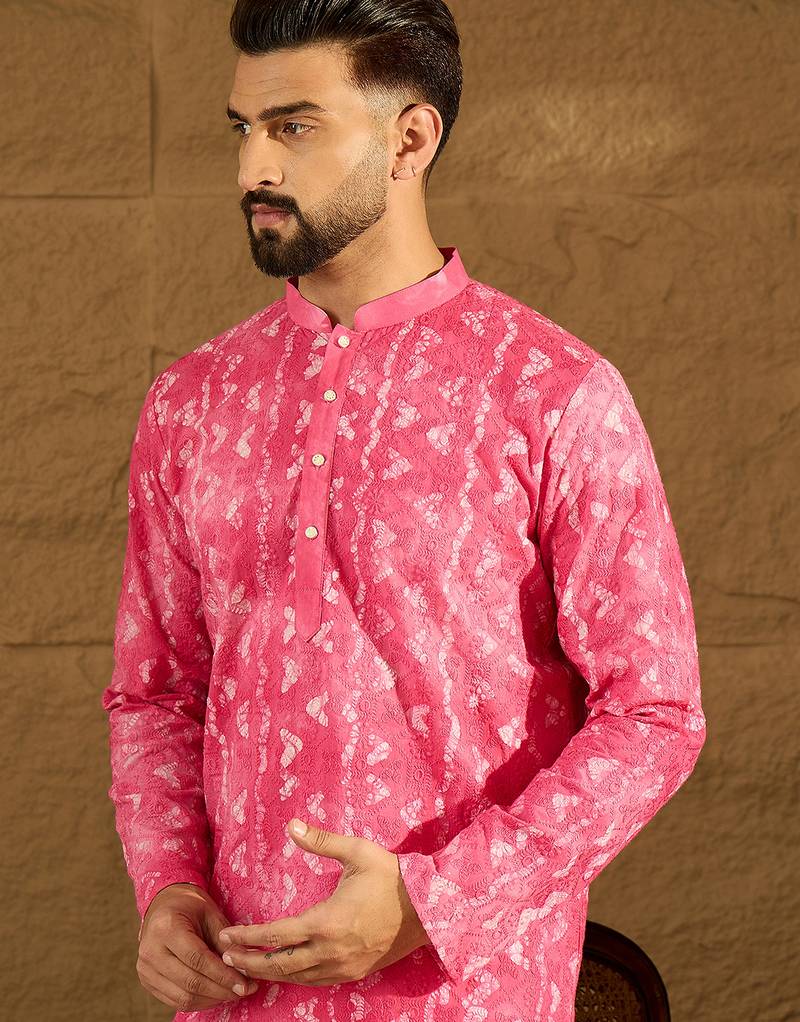 Men pink cotton batik embroidered straight kurta with trouser