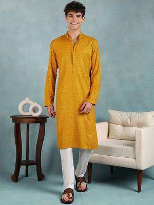 Men yellow viscose rayon solid embroidered straight kurta 1