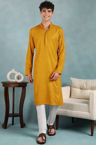 Men yellow viscose rayon solid embroidered straight kurta