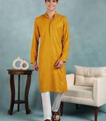 Men yellow viscose rayon solid embroidered straight kurta