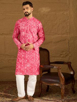 Men pink cotton batik embroidered straight kurta with trouser 2
