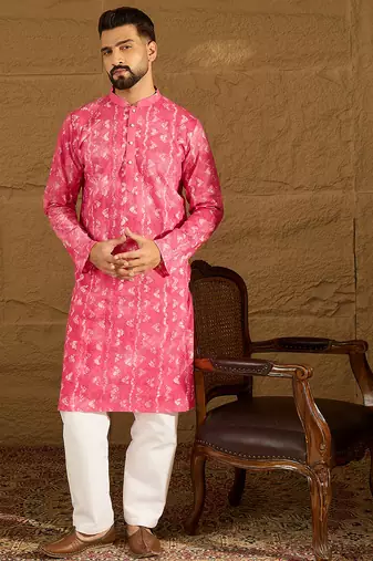 Men pink cotton batik embroidered straight kurta with trouser