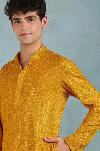 Men yellow viscose rayon solid embroidered straight kurta