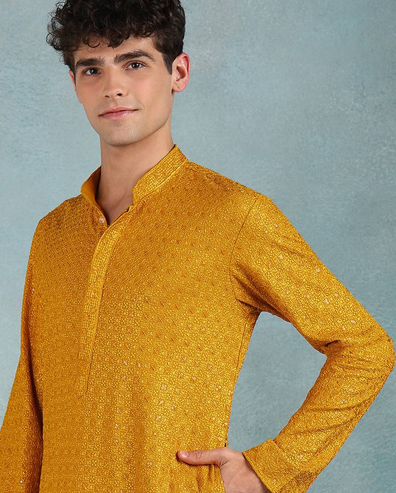 Men yellow viscose rayon solid embroidered straight kurta