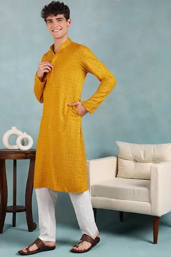 Men yellow viscose rayon solid embroidered straight kurta