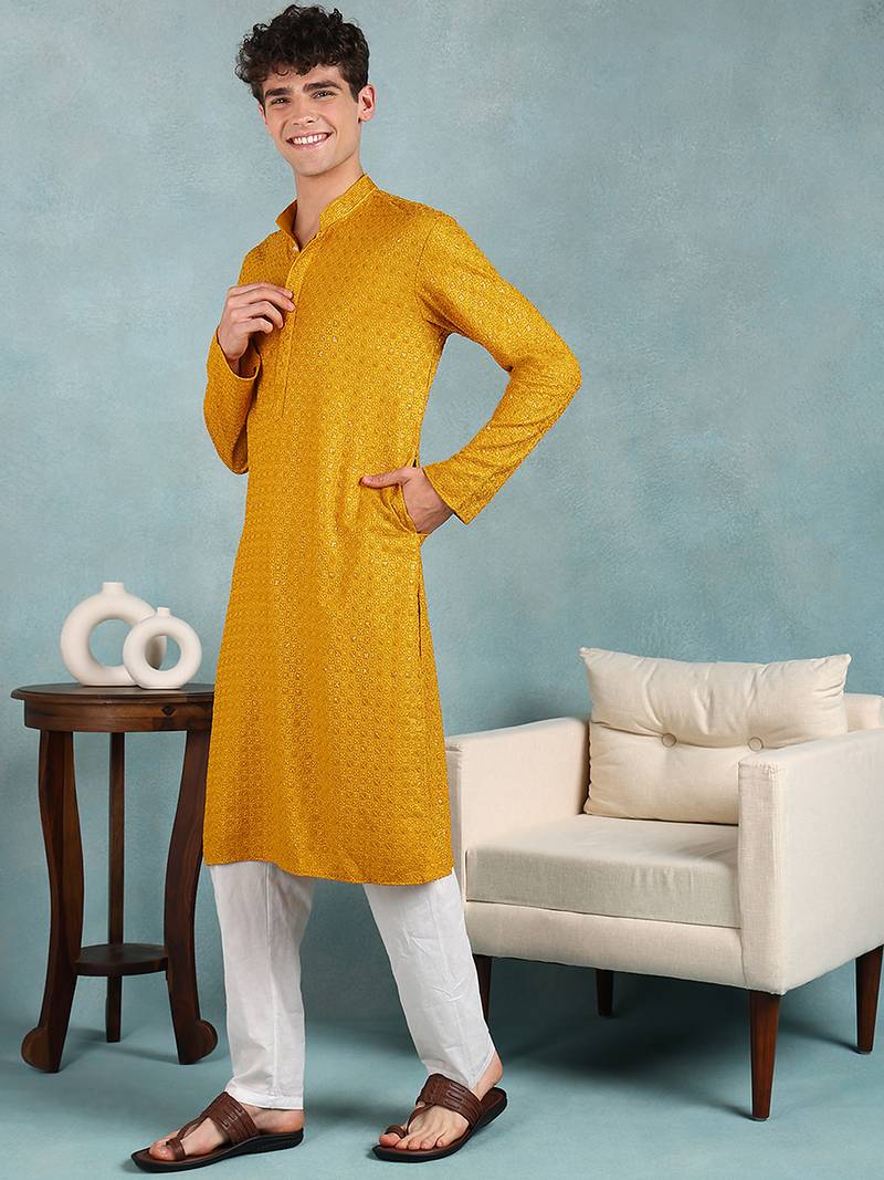 Men yellow viscose rayon solid embroidered straight kurta