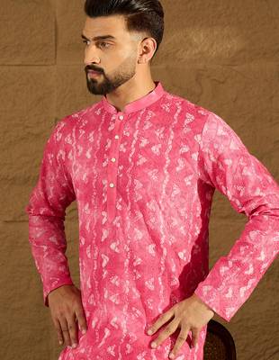 Men pink cotton batik embroidered straight kurta with trouser 3