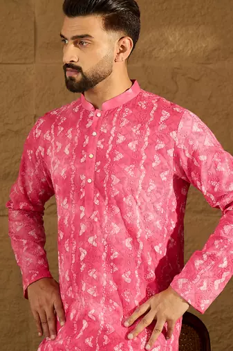 Men pink cotton batik embroidered straight kurta with trouser