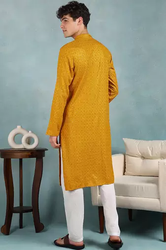 Men yellow viscose rayon solid embroidered straight kurta