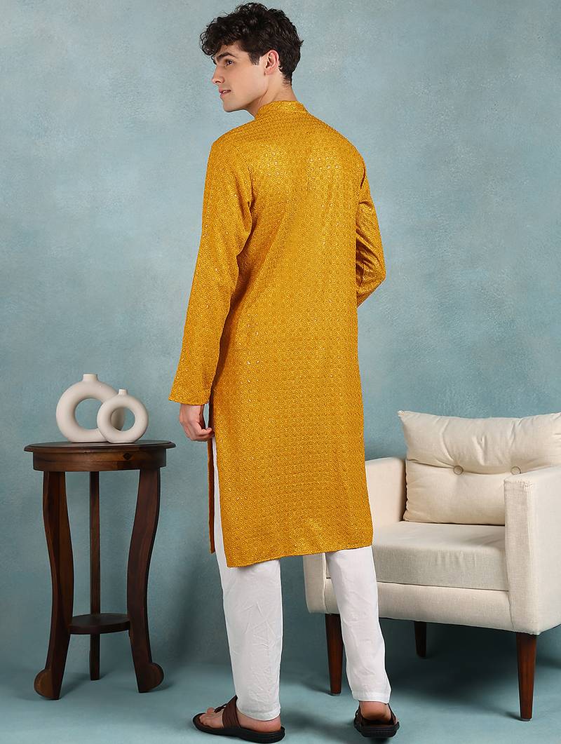 Men yellow viscose rayon solid embroidered straight kurta
