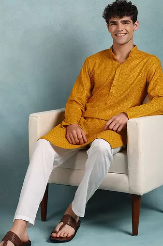 Men yellow viscose rayon solid embroidered straight kurta