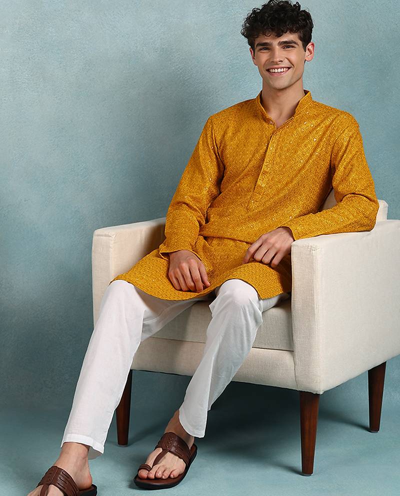 Men yellow viscose rayon solid embroidered straight kurta