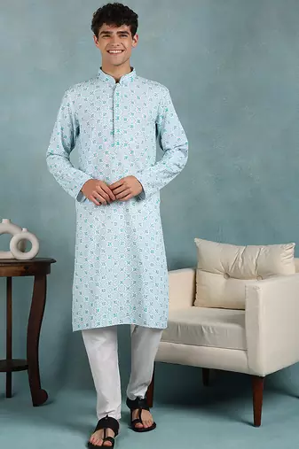 Men blue viscose rayon dyed embroidered straight kurta