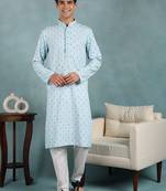 Men blue viscose rayon dyed embroidered straight kurta