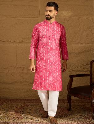 Men pink cotton batik embroidered straight kurta with trouser 5