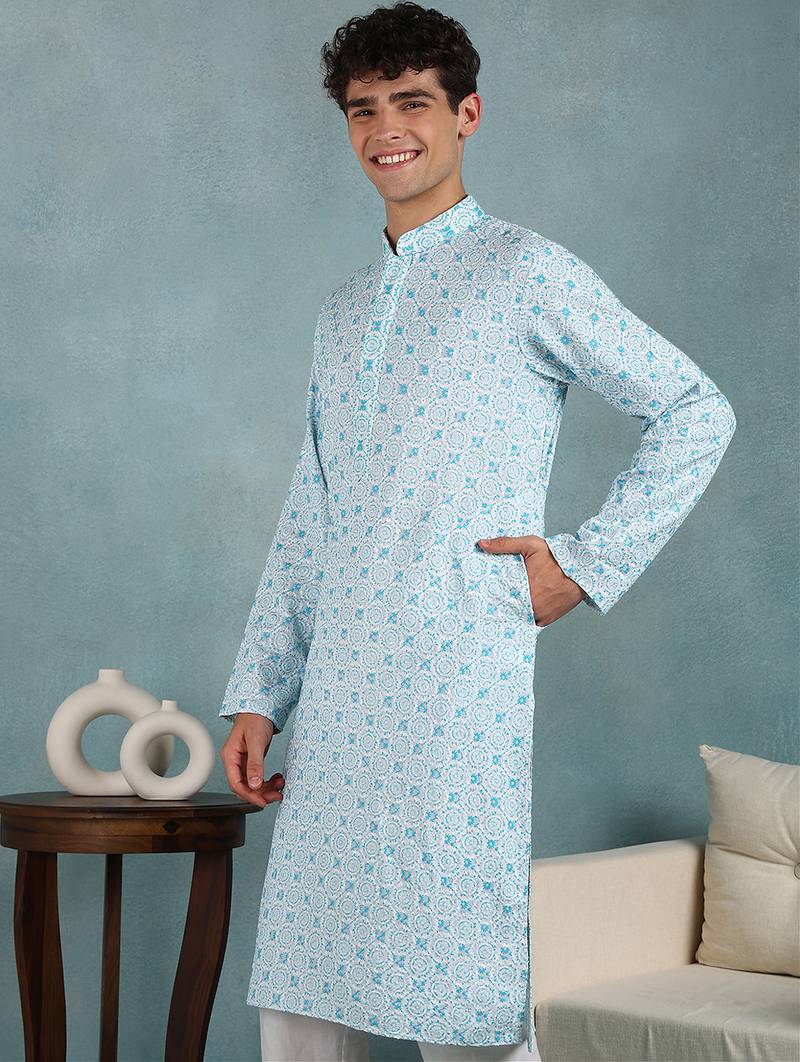 Men blue viscose rayon dyed embroidered straight kurta