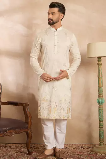 Men white silk blend solid embroidered straight kurta sets