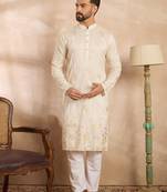 Men white silk blend solid embroidered straight kurta sets