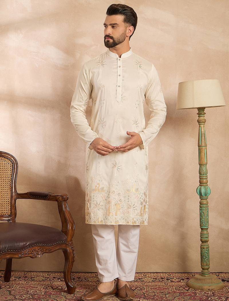 Men white silk blend solid embroidered straight kurta sets