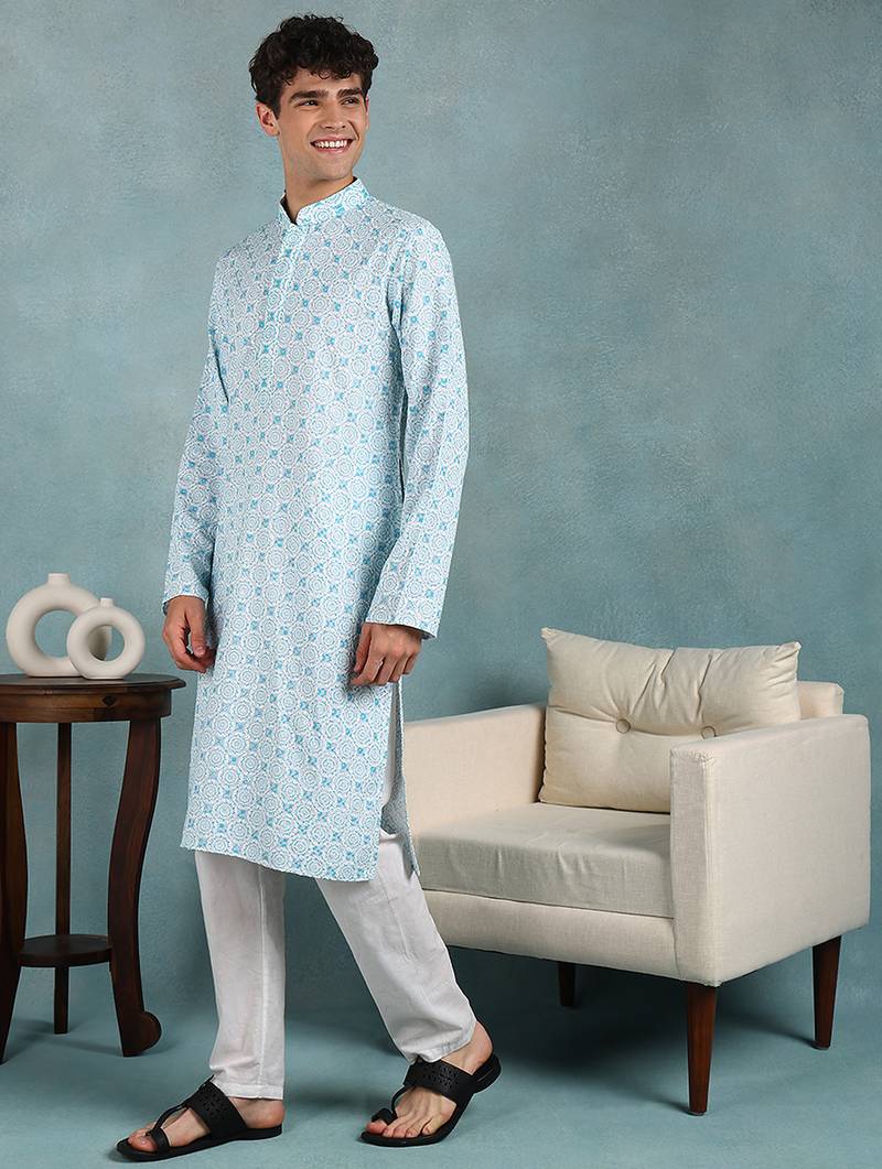 Men blue viscose rayon dyed embroidered straight kurta