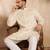 Men white silk blend solid embroidered straight kurta sets
