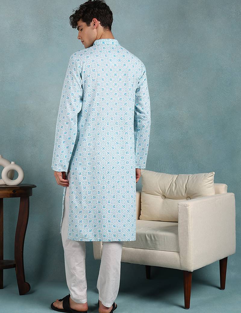 Men blue viscose rayon dyed embroidered straight kurta