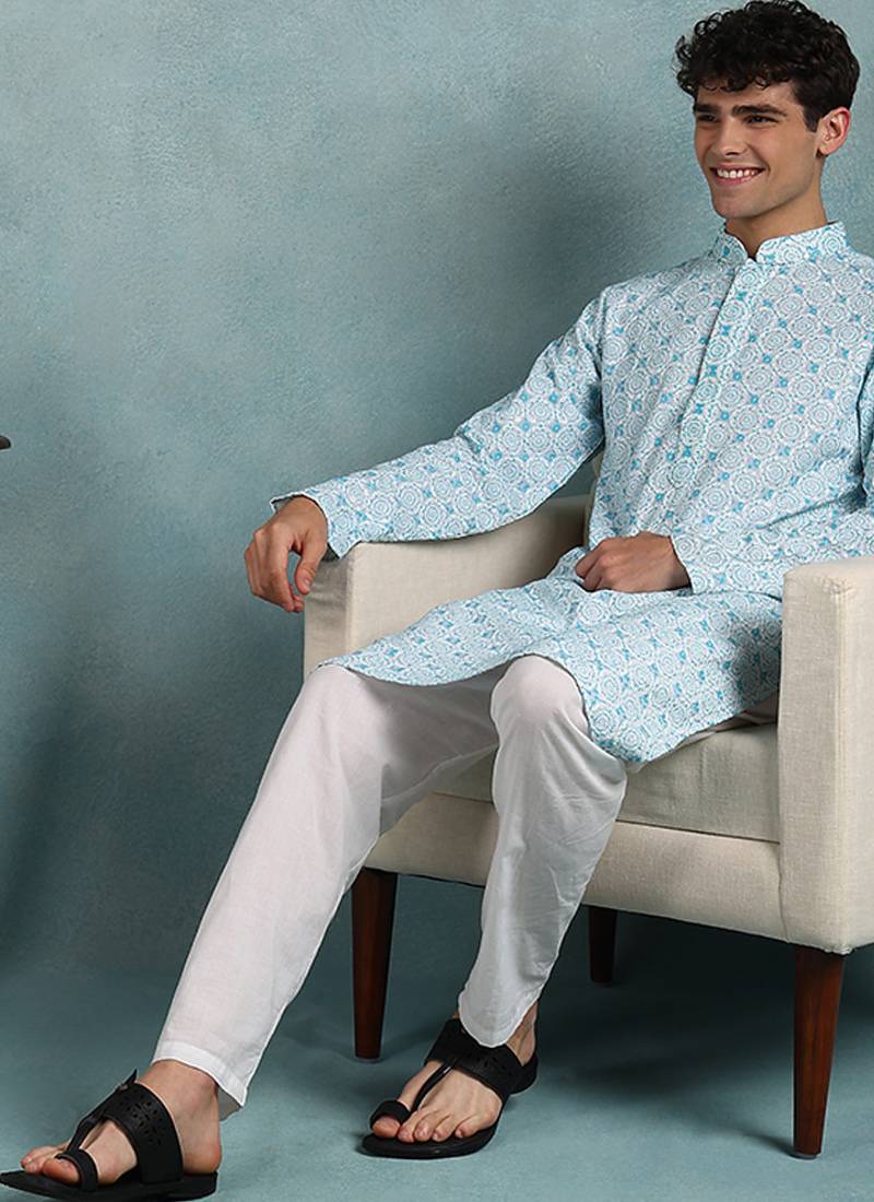 Men blue viscose rayon dyed embroidered straight kurta