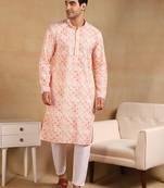 Men orange viscose rayon geometric embroidered straight kurta