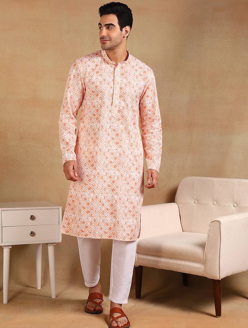 Men orange viscose rayon geometric embroidered straight kurta