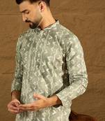 Men sea green cotton batik embroidered straight kurta with trouser