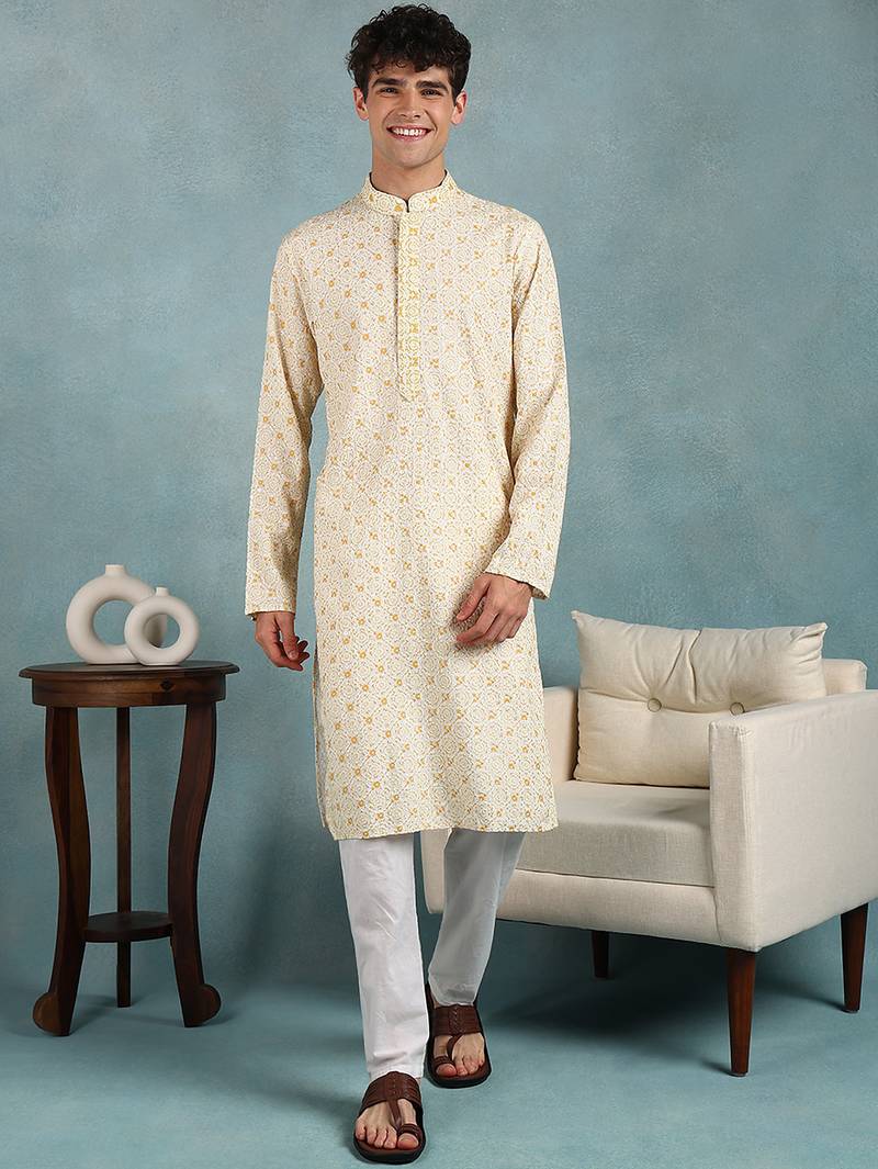 Men yellow viscose rayon dyed embroidered straight kurta