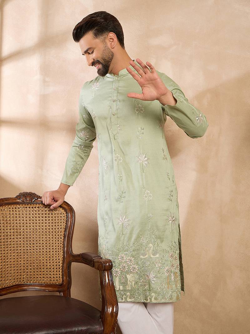 Men olive silk blend solid embroidered straight kurta sets