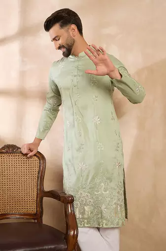 Men olive silk blend solid embroidered straight kurta sets