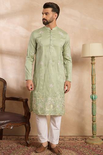 Men olive silk blend solid embroidered straight kurta sets