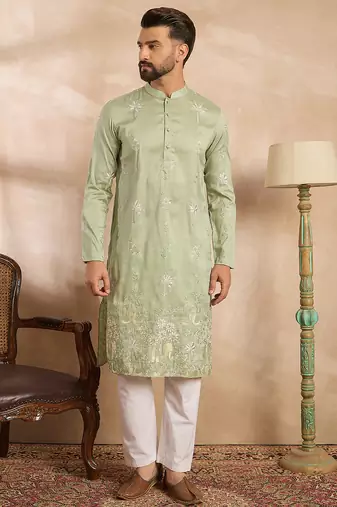 Men olive silk blend solid embroidered straight kurta sets