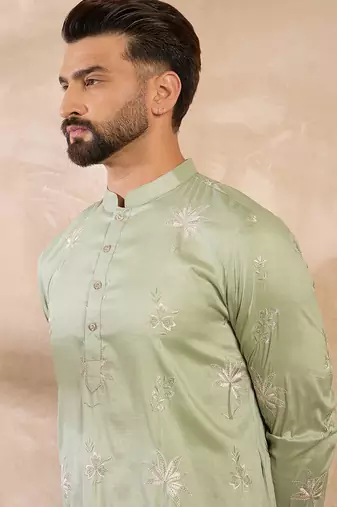 Men olive silk blend solid embroidered straight kurta sets